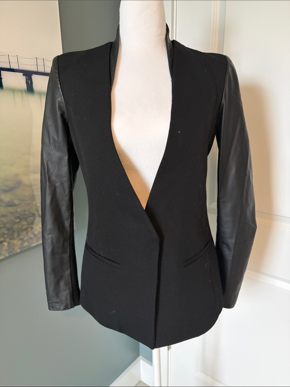 Helmut Lang Black One Button Wool Mixed MediaBlazer with Genuine Leather Sleeves
